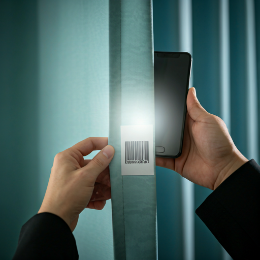Hand holding a high-end smartphone scanning a small barcode label on a high-quality hospital privacy curtain in a bright medical setting
