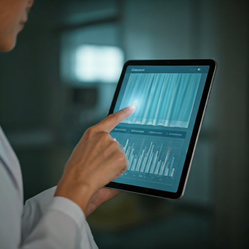 Professional healthcare administrator using a sleek digital dashboard on a modern tablet showing real-time curtain maintenance data in a clean hospital environment